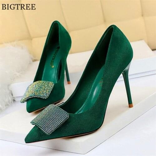 Autumn Luxury Crystal Women Shoes High Heels 9cm Elegant Office Pumps Party Women Flock Pointed Toe Wedding Shoes Big Size 34-43