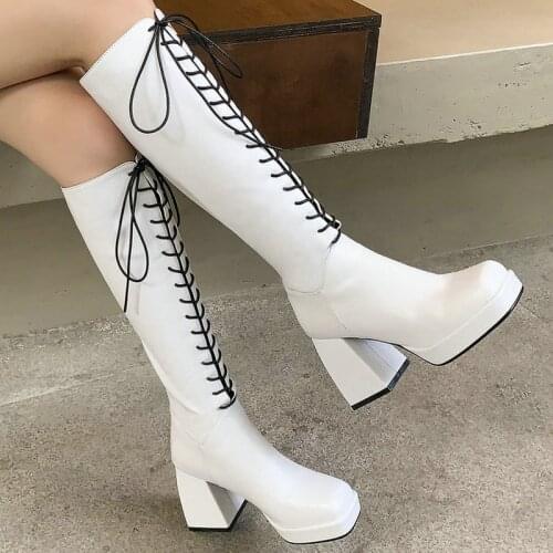 Black White Brown Women Knee High Boots Platform Thick High Heel Ladies Lace Up Boots Faux Leather Square Toe Womens Boots 2021