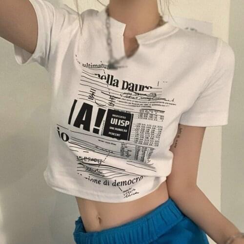 Women V Neck Letter Print Casual Slim Crop Top Summer T-shirts Short Sleeve T Shirt Tops
