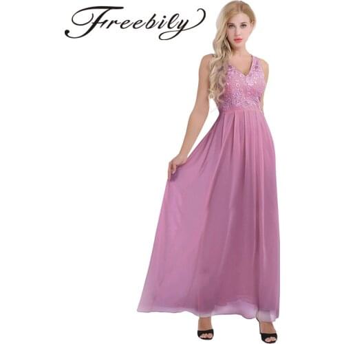 2018 New Fashion Women Ladies Long Maxi Embroidered Dress Floral Padded Chiffon V-Neck Sleeveless Pleated Waist Party Long Dress