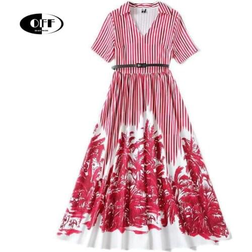 Designer Runway Red Stripe Midi Long Dresses For Women Summer Traf Vintage Printed Short Sleeve V-neck Party Lady Dress Femme