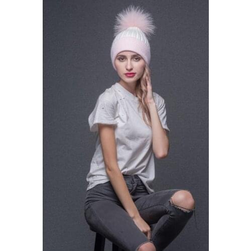 Winter Beanine Women Angora Knitted Hat Furry Raccoon Fur Pom Pom Bonnet Femme
