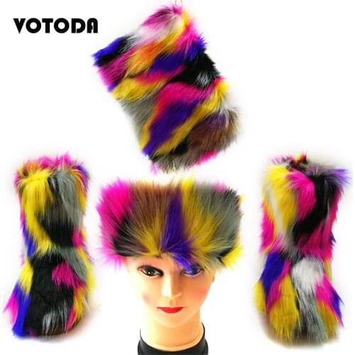 Winter Warm Women Fur Snow Boots Set Fluffy Mixed Colour Handbag Faux Fox Hair Headband Female flat Ankle Boots Outdoor Shoes