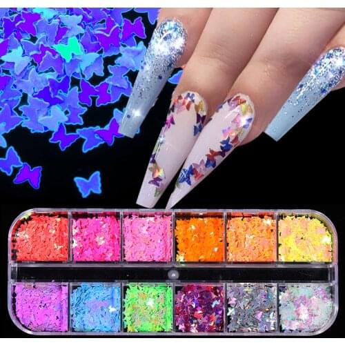 1 Box Fluorescent Butterfly Nail Sequins Holographics Nail Glitter Flakes Paillette Sparkly Nail Art Sequins DIY Manicures Decor