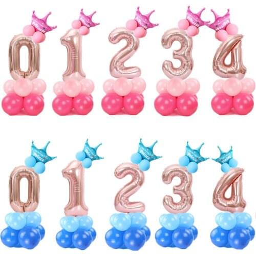 17pcs Blue Pink Foil Birthday Balloons Number Balloon Baby Shower Boy Girl Birthday Party Decorations Kids Baloons Crown Decor,Q