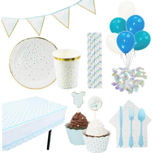 95pcs/Pack Blue Dot Disposable Tableware Set Kids First Birthday Party Decorations Boy Baby Shower Supplies Paper Plate Cup