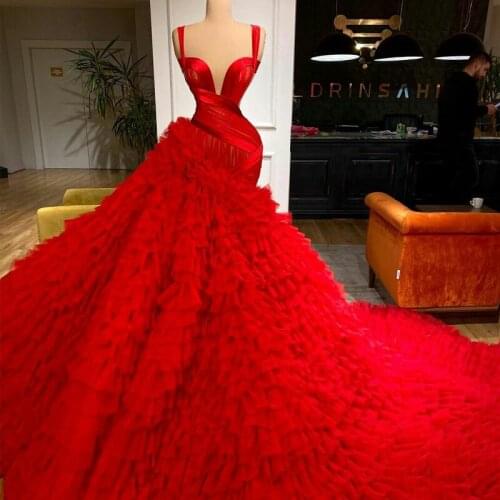 Arabic Dubai Evening Dresses Cascading Ruffles Skirts V Neck Party Gowns Red Carpet Fashion Prom Quinceanera Dress