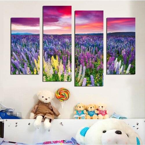 Free shipping 4 piece large canvas art cheap modern lavender flower pictures oil painting purple flower landscape wall decor
