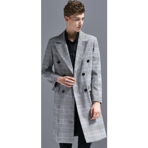 Plus Size Men Long Plaid Casual Formal Suit Jacket Spring Autumn Double Breasted Slim Business Masculino Blazer Casaco Plus Size