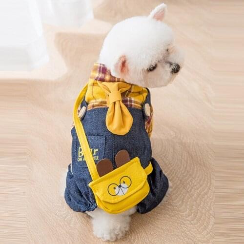 Denim Plaid Pet Dog Jumpsuits Puppy Cat Hoodie Jean Coat T-Shirt Jacket with Bag Four Feet Autumn/Winter Clothes Chihuahua Teddy