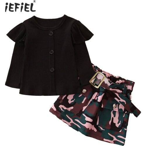 2Pcs Kids Girls Autumn Spring Outfit Black Long Sleeve Knitted Top+Camouflage Skirt Set Children Clothes Casual Costumes Girl