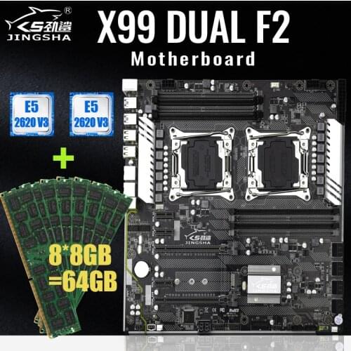 X99 Dual F2 Motherboard Kit with Inter Xeon 2*E5 2620V3 CPU and 8*8GB=64GB DDR4 2400MHz ECC REG RAM Support LGA2011-3 E5 V3 CPU