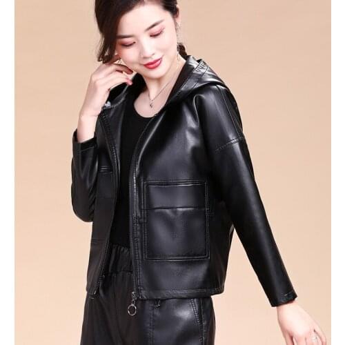 New Womens Hooded Pu Leather Jackets Ladies Loose Soft Sheepskin Leather Coat Plus Size 5XL Female Clothing Chic Outerwear