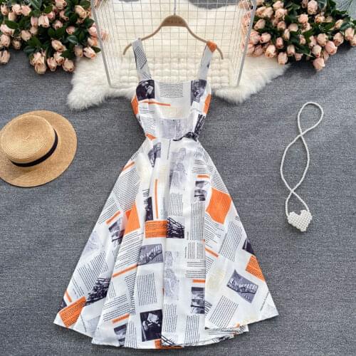 Summer Womens Dress Leisure vacation style square neck print pleated suspender dress New Waist Female Dresses FC207