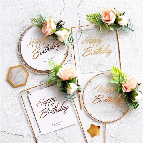1P Metal Acylic Happy Birthday Cake Topper Simple Flowers Cake Toppers DIY Baby Shower Birthday Party Decoration Baking Supplies