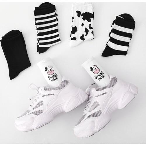New Japanese Hip-hop Skateboad Cow Women Socks Black White Strip Comfortable Crew Cotton Socks Streetwear Ladies Girl Sock