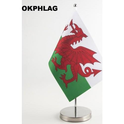 Wales Office table Flag with Stainless flagpole base country banners desk flag 14*21CM T style Y style Single style KS-0242