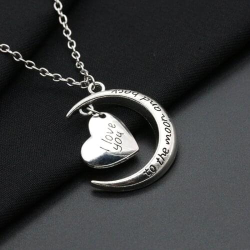 Family Gifts Female Girl Women Girl Friend Metal Silver Color Alloy I Love You to the Moon Heart Pendant Charm Necklace