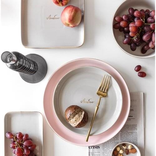 Simple Gray Pink Ceramic Plate set Phnom Penh Porcelain Tableware Dinner Set Rice Salad Noodles Bowl Soup Plates Dish Drop ship