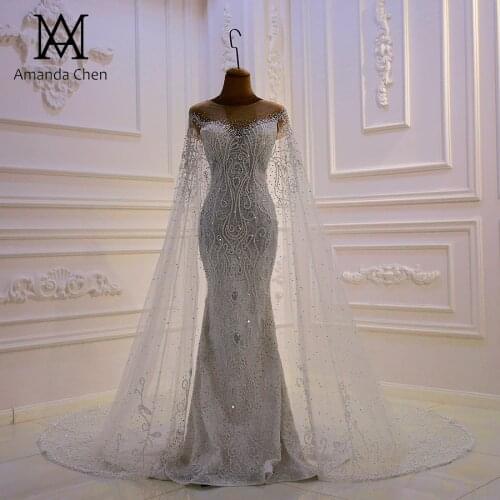 Robe de mariée 2020 Rhinestone Crystal Mermaid Luxury Wedding Dress with Cape