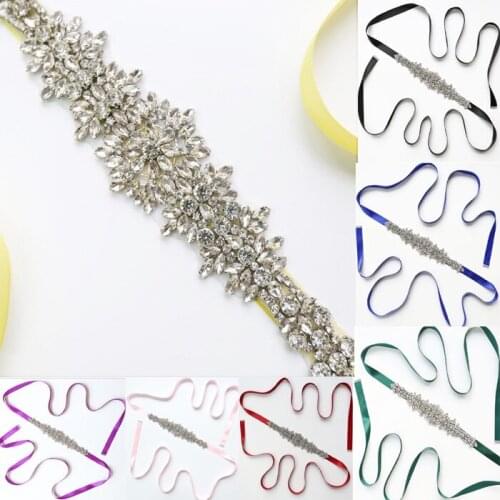 Blue Bridesmaid Long Crystal Bridal Belt Rhinestones Wedding Prom dress Belt Silver Diamond Wedding Sash For Bridal Accessories
