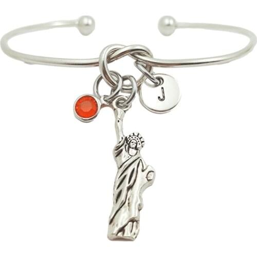 Statue of Liberty Retro Creative Initial Letter Monogram Birthstone Adjustable Bracelet Fashion Jewelry Women Gift Pendant
