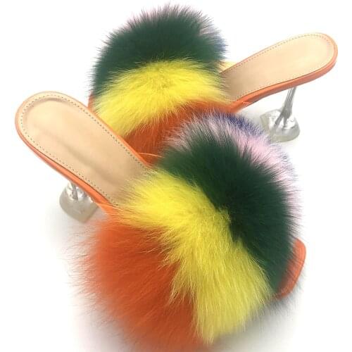 Heels Sandals Plush Fox Fur Women Slippers Open Toed High Heels Summer Shoes For Women 2021 New Party Ladies High-heeled Sandals