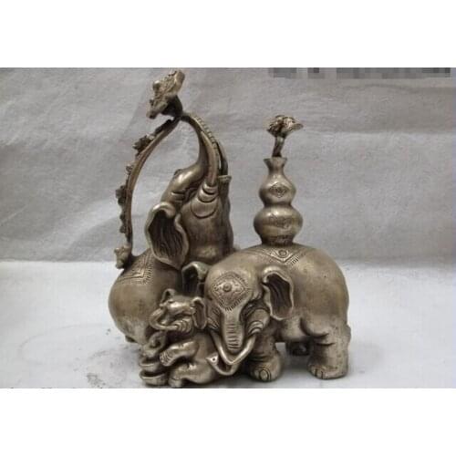 USPS to USA S0444 10 China White Copper Silver Lucky Auspicious Ru Yi gourd Three Elephant Statue