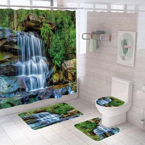 Green Jungle Stones Design Shower Curtain Scenery Waterproof Shower fabric Curtains Bathroom Bath Mat Rugs 72 x 72 12 Hooks