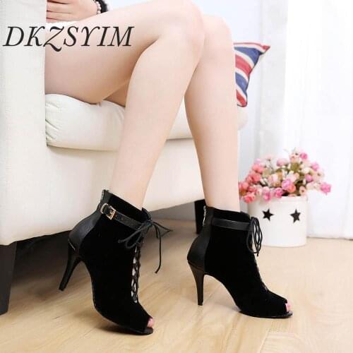 DKZSYIM Black Latin Dance Shoes Women Elegant Tango Boots Piscine Mouth Purple Buckle Ballroom Suede High Heels 6-10CM Hot Sale