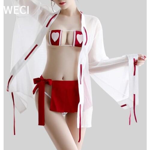 WECI Sexy Witch Costume Womens Kimono Female Underwear Japanese Form Lingerie Set Heart Bra Mini Pleated Skirt Cosplay Sex Suit