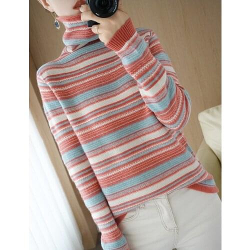 2021 Autumn Winter Womens Knit Turtleneck Sweater Casual Soft Sweater Rainbow Stripe Fashion Ladies Warm Pullover