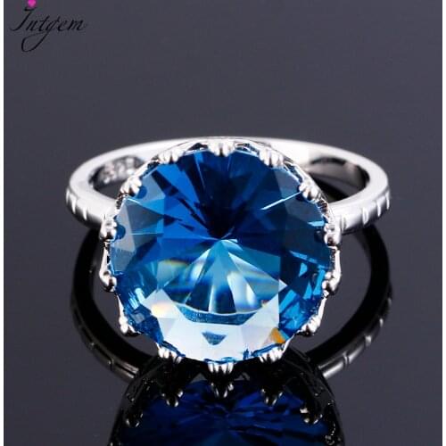 Fashion 15MM 925 Silver Ring For Women Ladies Blue Aquamarine Stones Jewelry Ring Party Christmas Gift Size 6 7 8 9 10 Wholesale