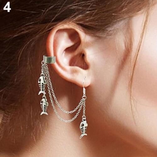 1Pc Punk Clip Earrings Tassels Chain Leaf Fish Cross Charms Ear Stud Cuff Earring Jewelry Gift pendientes aretes de mujer