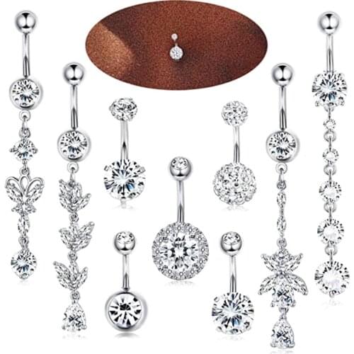 14G Stainless Steel Dangle Belly Button Rings for Women Belly Piercing CZ Inlaid Long Dangled Bar Oreja Body Jewelry Navel Ring