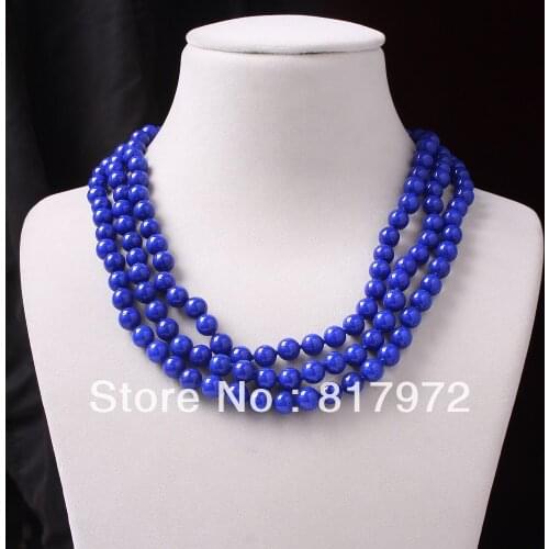 3 Rows Glamour New Fashion 8mm Round Bead Lapis Lazuli Multilayer Necklace Woman Party Gift