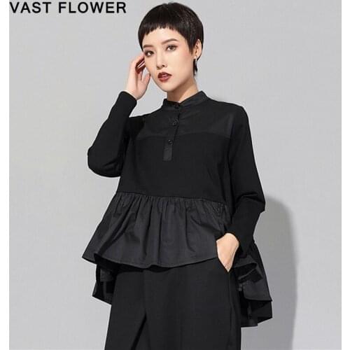 Irregular Pleated Black T-Shirt Women Stand Collar Long Sleeve Clothes Fashion Loose Tee Shirt Femme Tops Spring Autumn 2021