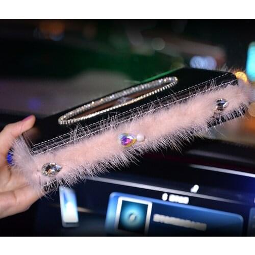 Car Tissue Box Rhinestone Diamond Auto Tissue Holder Block-type Feather Pearl Tissue Box Car Styling Decoration Women Girls