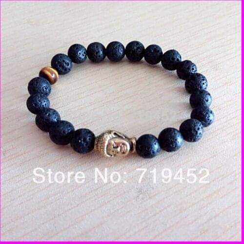 Free ship! 10pcs Lava stone bead metal buddha head charm bracelet wholesale, yoga lava bead with tiger eye elastic bracelet