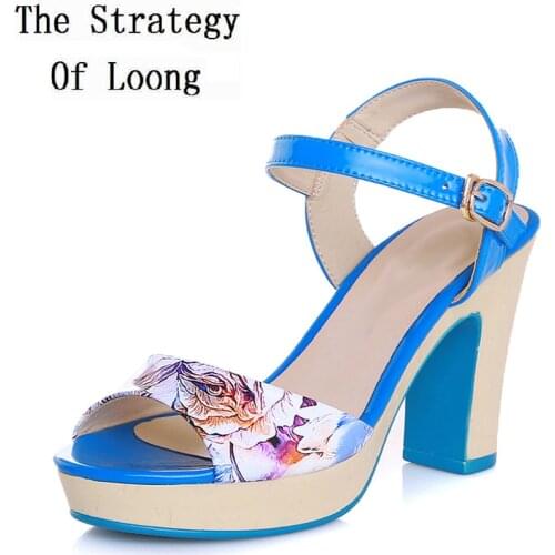 Printed Flowers Patent Leather Thick High Heels Sandals Summer New Blue Open The Toes Sandals Yellow Peep Toe Women Shoes