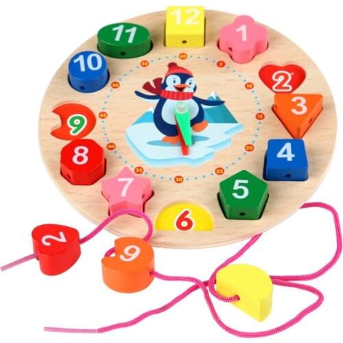 Montessori Toys Kids Wooden Puzzle Clock Education Beaded Shape Cognition Learning Toy For Children Preschool Clock Teaching Aid
