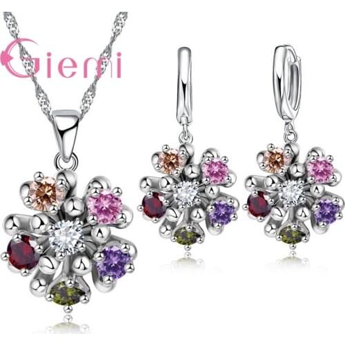 Elegant Flower Pendant Necklace Earrings Cute High Quality Clear Crystal Woman 925 Sterling Silver Jewelry Set Drop Shipping