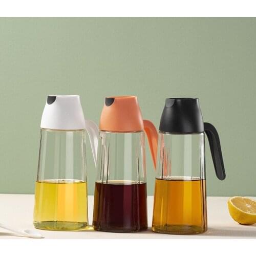 Kitchen Large Oil Can Automatic Opening & Closing Lid Glass Oiler Seasoning Bottle Soy Sauce Vinegar Glass Bottle Leak-Proof