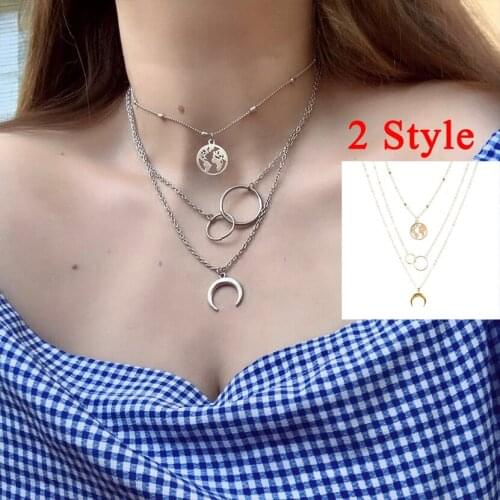 Hot New Fashion Retro Moon World Map Circle Pendant Multilayer Necklace Party Charm Jewelry Accessories For Women Gift