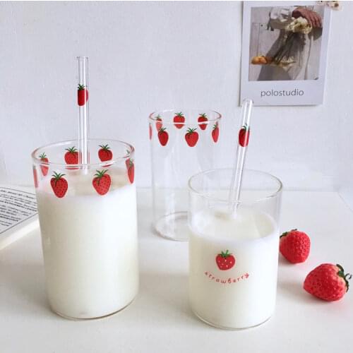 Korean Cute Glass Mug Straw Water Bottle Transparent Coffee Cup with Strawberries Gift Cups Milk Bottle Kawaii Bottle WJ824