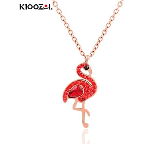 KIOOZOL Fashion Red Flamingo Crystal Pendant Rose Gold Stainless Steel Necklace For Women Summer Popular Jewelry 307 KO2