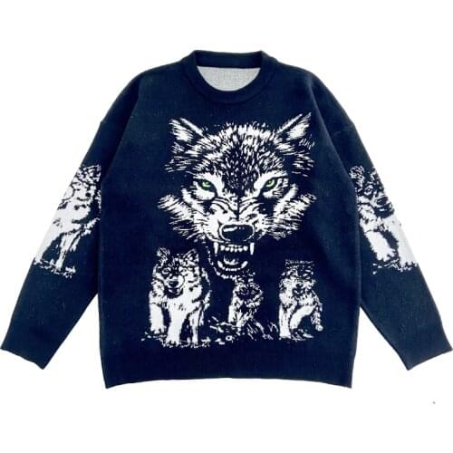 2021 Fashion Mens Knitted Jumper Sweaters Wolf Printed Streetwear Hip Hop Harajuku Pullover Knitwear Tops Knit Outwear Male