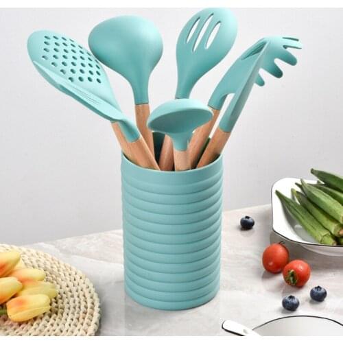 Set of 7 Silicone Kitchen Utensil Kit with Storage Box Cooking Tools Turner Ladle Tong Slotted Spoon Spagetti Mesh Skimmer Whisk