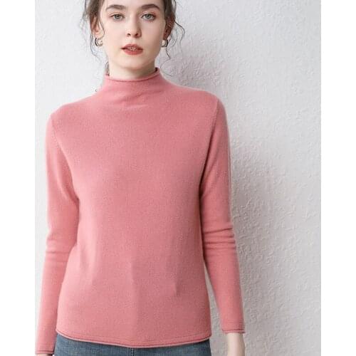 2021Autumn Winter New,Pure Wool Sweater Women Top,Knitted Pullover,Slim,Curled Half-High Collar,Solid Color All-Match Base Shirt
