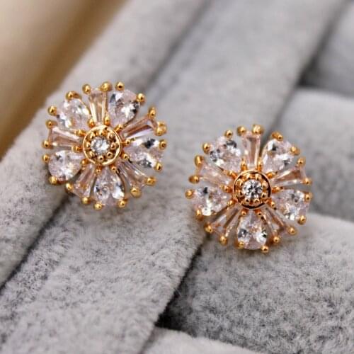 Fashion Stud Earrings for Women Gold Color flower Earring with white Zircon Trendy Jewelry for Party Wedding Anniversary Gift